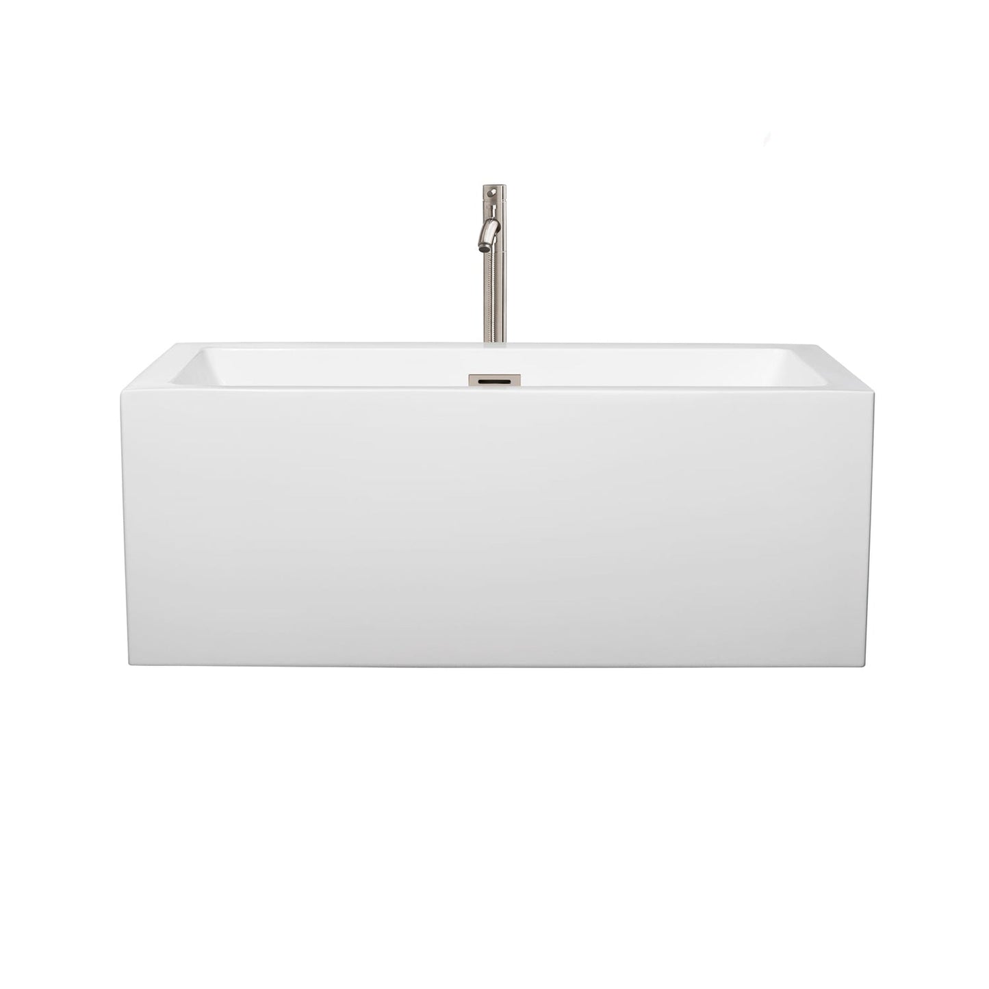 Wyndham Collection Melody 60" Freestanding Bathtub in White With Floor Mounted Faucet, Drain and Overflow Trim in Brushed Nickel