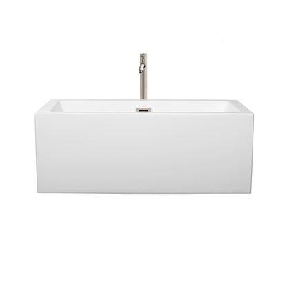 Wyndham Collection Melody 60" Freestanding Bathtub in White With Floor Mounted Faucet, Drain and Overflow Trim in Brushed Nickel