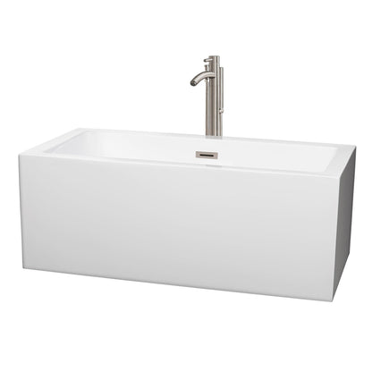 Wyndham Collection Melody 60" Freestanding Bathtub in White With Floor Mounted Faucet, Drain and Overflow Trim in Brushed Nickel