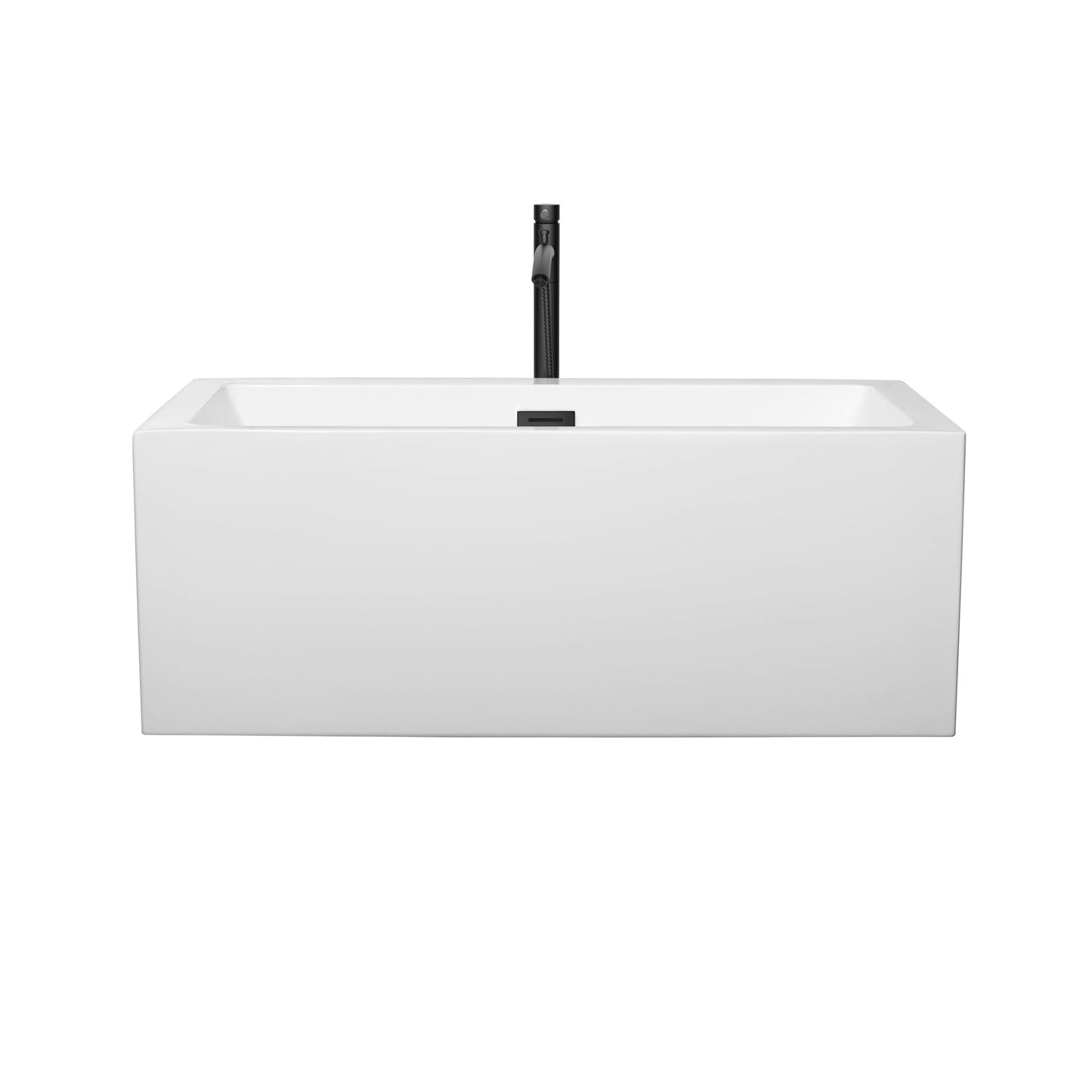 Wyndham Collection Melody 60" Freestanding Bathtub in White With Floor Mounted Faucet, Drain and Overflow Trim in Matte Black