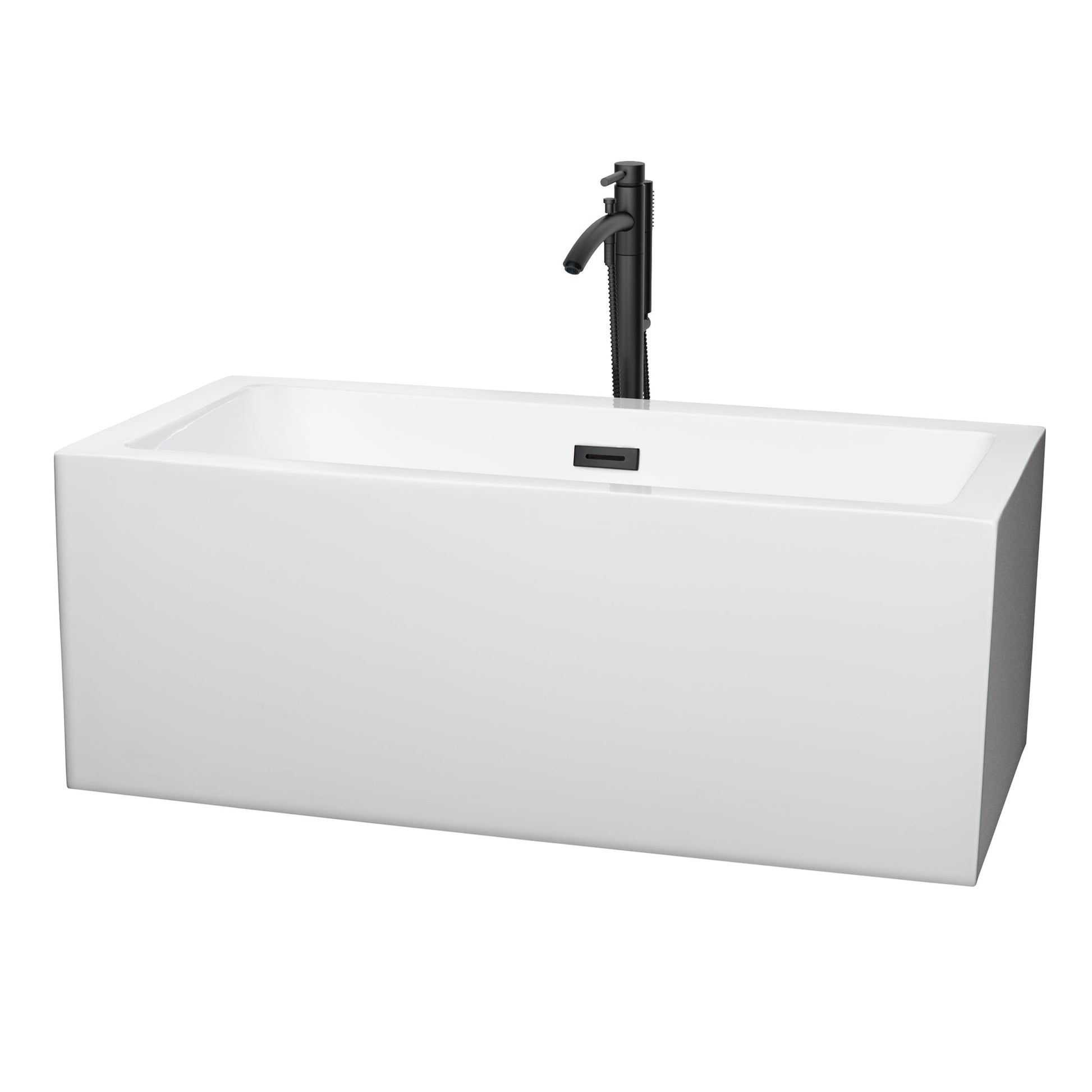 Wyndham Collection Melody 60" Freestanding Bathtub in White With Floor Mounted Faucet, Drain and Overflow Trim in Matte Black