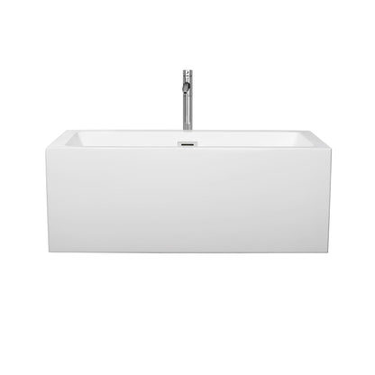 Wyndham Collection Melody 60" Freestanding Bathtub in White With Floor Mounted Faucet, Drain and Overflow Trim in Polished Chrome