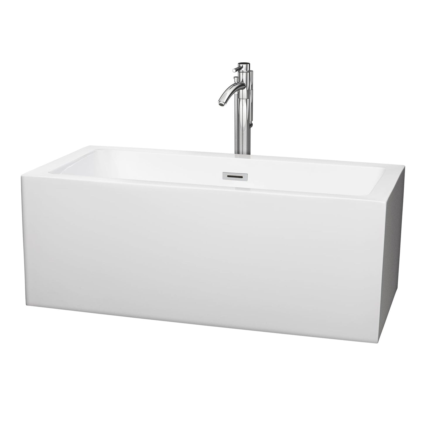 Wyndham Collection Melody 60" Freestanding Bathtub in White With Floor Mounted Faucet, Drain and Overflow Trim in Polished Chrome