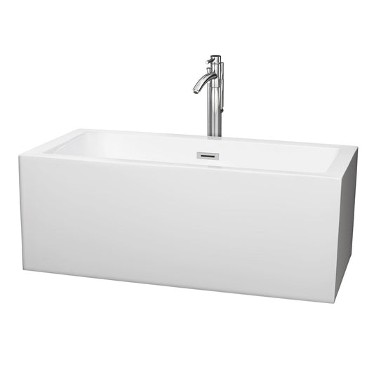 Wyndham Collection Melody 60" Freestanding Bathtub in White With Floor Mounted Faucet, Drain and Overflow Trim in Polished Chrome