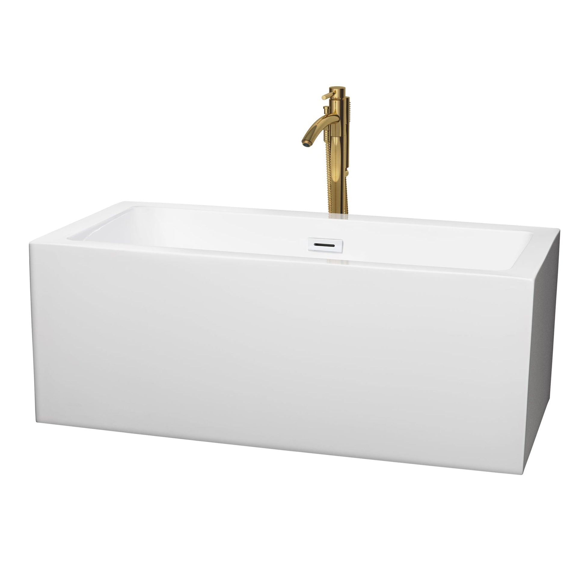 Wyndham Collection Melody 60" Freestanding Bathtub in White With Shiny White Trim and Floor Mounted Faucet in Brushed Gold