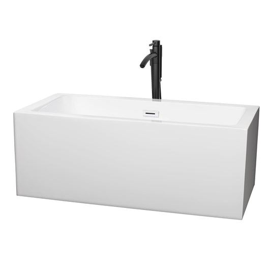Wyndham Collection Melody 60" Freestanding Bathtub in White With Shiny White Trim and Floor Mounted Faucet in Matte Black