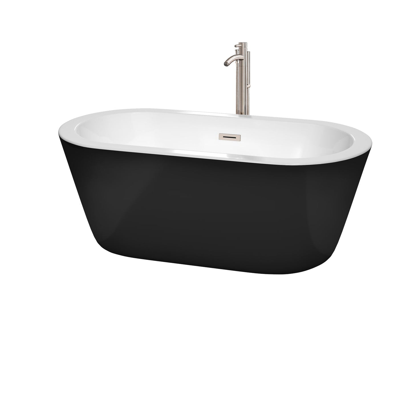 Wyndham Collection Mermaid 60" Freestanding Bathtub in Black With White Interior With Floor Mounted Faucet, Drain and Overflow Trim in Brushed Nickel