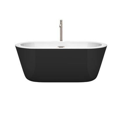 Wyndham Collection Mermaid 60" Freestanding Bathtub in Black With White Interior With Floor Mounted Faucet, Drain and Overflow Trim in Brushed Nickel