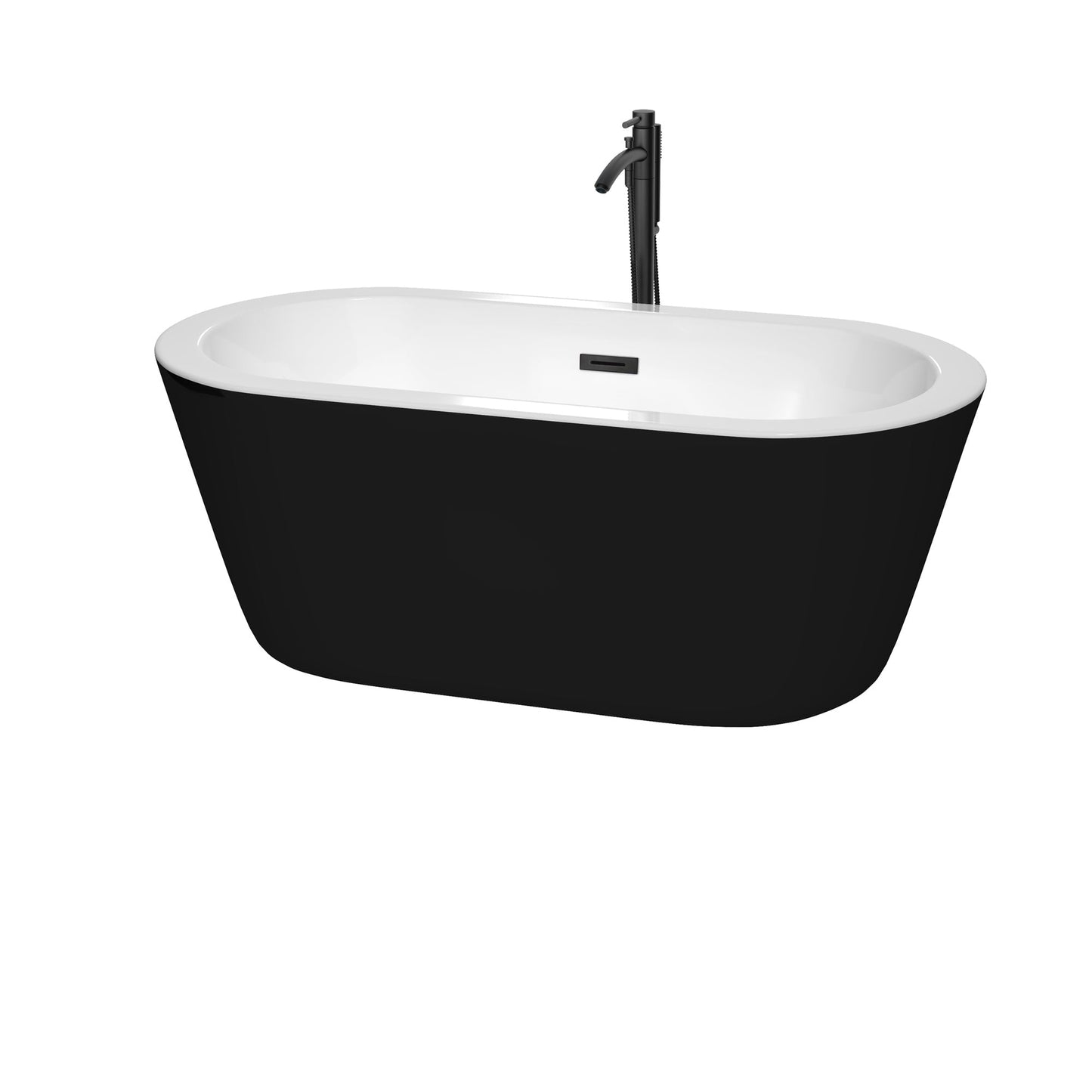 Wyndham Collection Mermaid 60" Freestanding Bathtub in Black With White Interior With Floor Mounted Faucet, Drain and Overflow Trim in Matte Black