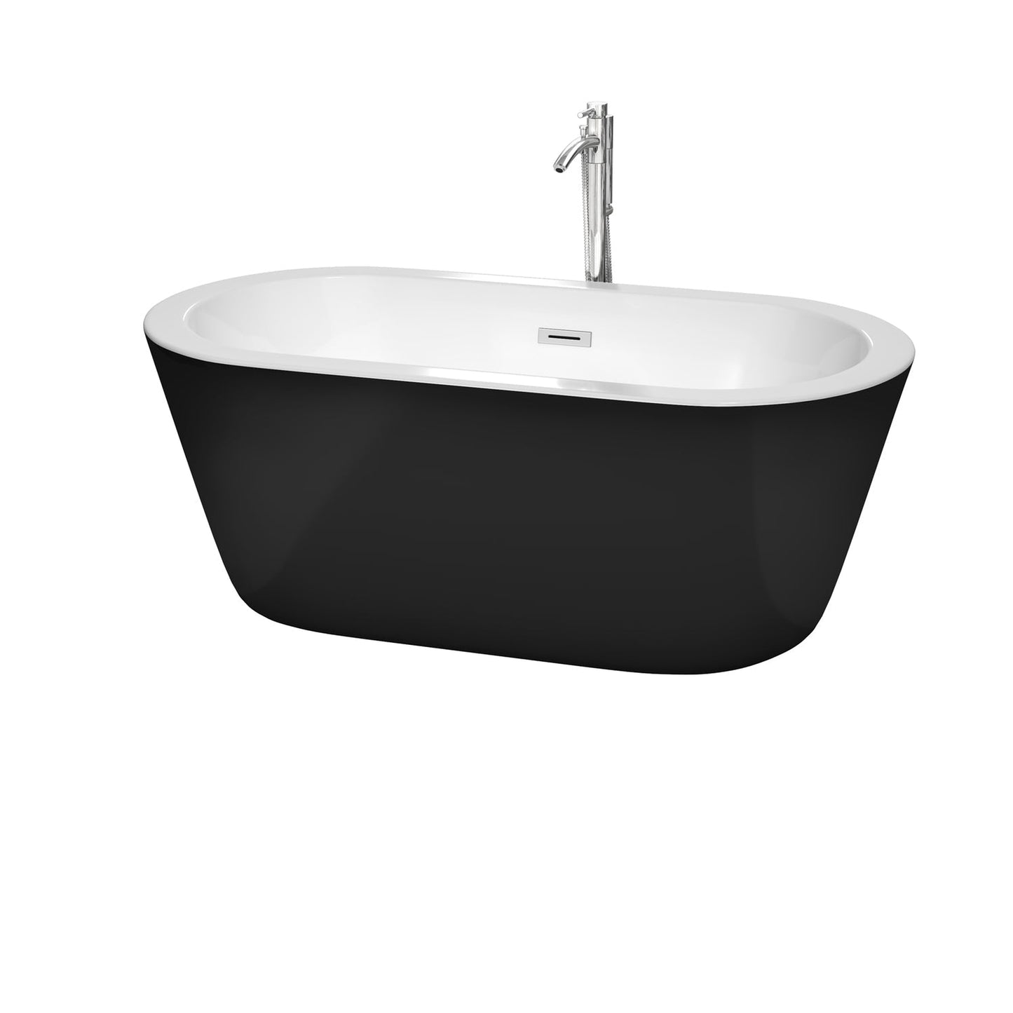 Wyndham Collection Mermaid 60" Freestanding Bathtub in Black With White Interior With Floor Mounted Faucet, Drain and Overflow Trim in Polished Chrome