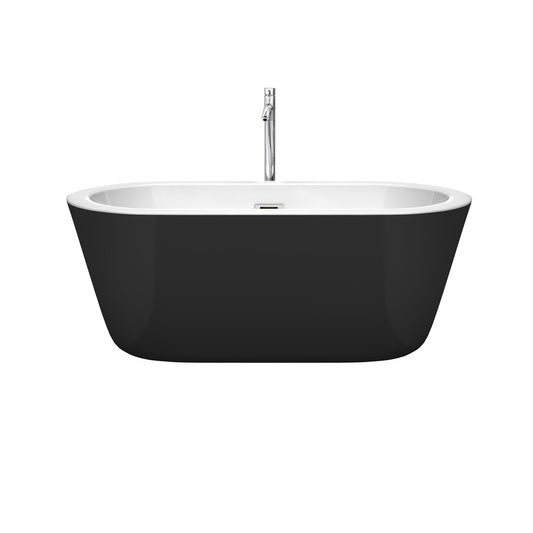 Wyndham Collection Mermaid 60" Freestanding Bathtub in Black With White Interior With Floor Mounted Faucet, Drain and Overflow Trim in Polished Chrome