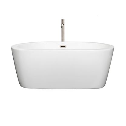 Wyndham Collection Mermaid 60" Freestanding Bathtub in White With Floor Mounted Faucet, Drain and Overflow Trim in Brushed Nickel