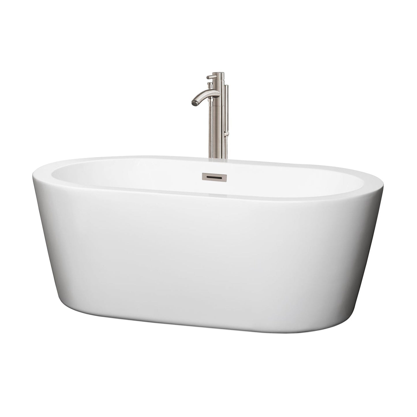 Wyndham Collection Mermaid 60" Freestanding Bathtub in White With Floor Mounted Faucet, Drain and Overflow Trim in Brushed Nickel