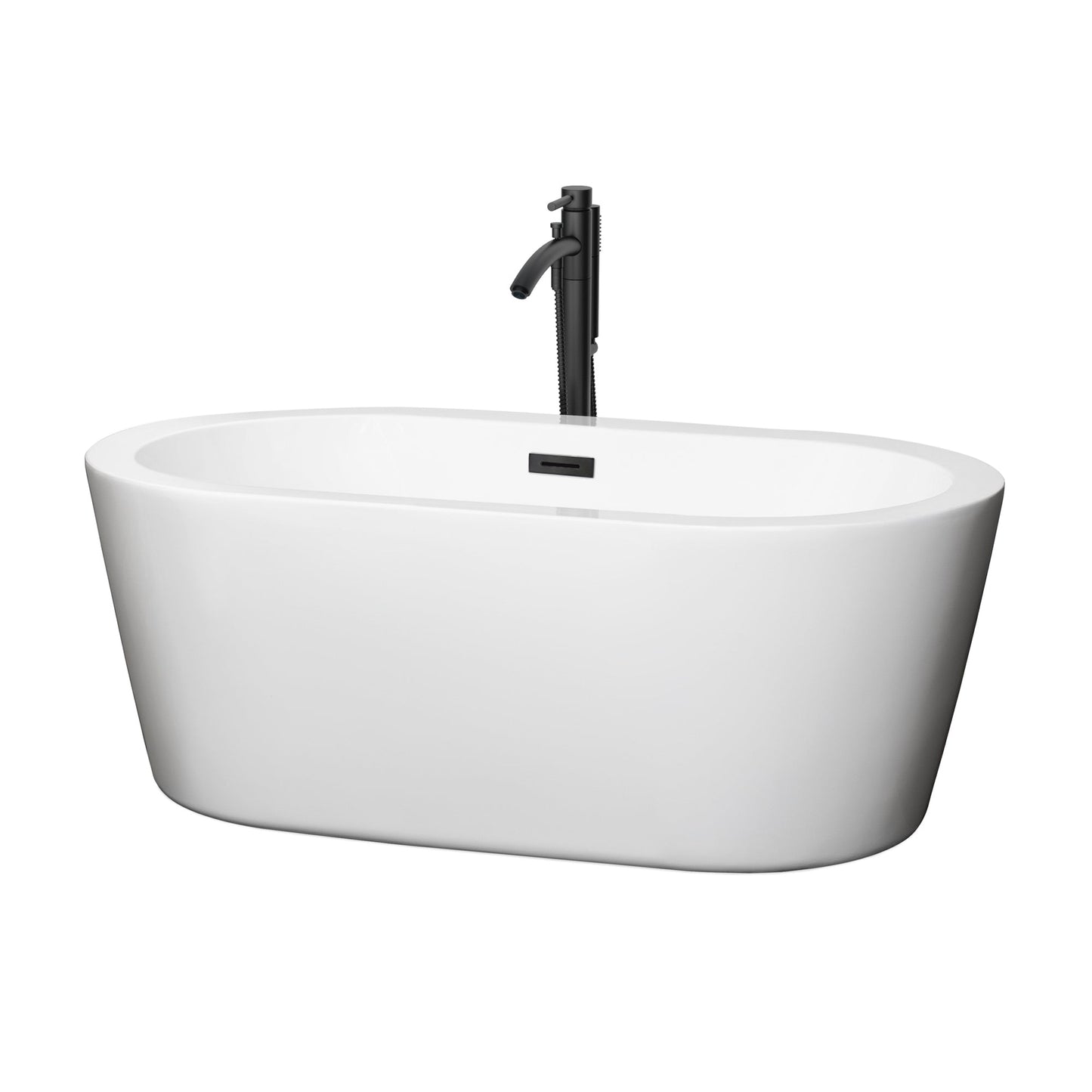Wyndham Collection Mermaid 60" Freestanding Bathtub in White With Floor Mounted Faucet, Drain and Overflow Trim in Matte Black