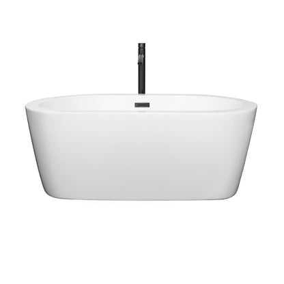Wyndham Collection Mermaid 60" Freestanding Bathtub in White With Floor Mounted Faucet, Drain and Overflow Trim in Matte Black