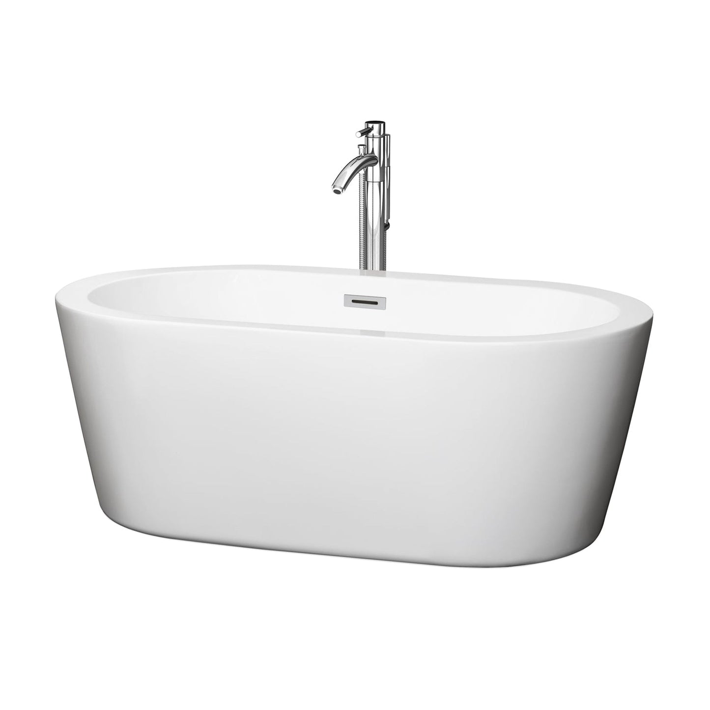 Wyndham Collection Mermaid 60" Freestanding Bathtub in White With Floor Mounted Faucet, Drain and Overflow Trim in Polished Chrome