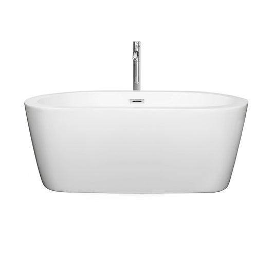 Wyndham Collection Mermaid 60" Freestanding Bathtub in White With Floor Mounted Faucet, Drain and Overflow Trim in Polished Chrome