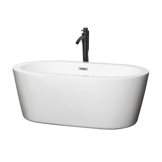 Wyndham Collection Mermaid 60" Freestanding Bathtub in White With Polished Chrome Trim and Floor Mounted Faucet in Matte Black