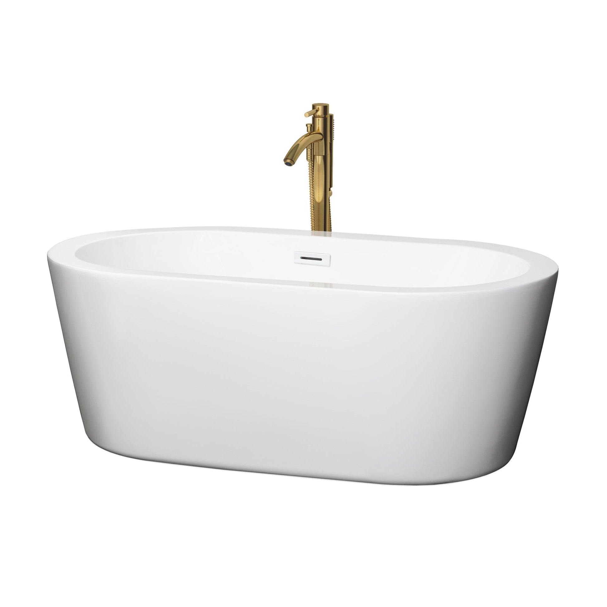 Wyndham Collection Mermaid 60" Freestanding Bathtub in White With Shiny White Trim and Floor Mounted Faucet in Brushed Gold