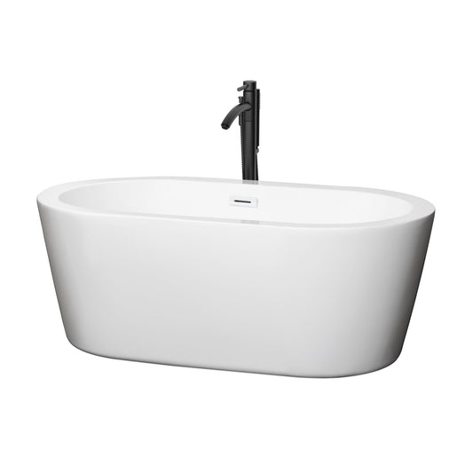 Wyndham Collection Mermaid 60" Freestanding Bathtub in White With Shiny White Trim and Floor Mounted Faucet in Matte Black