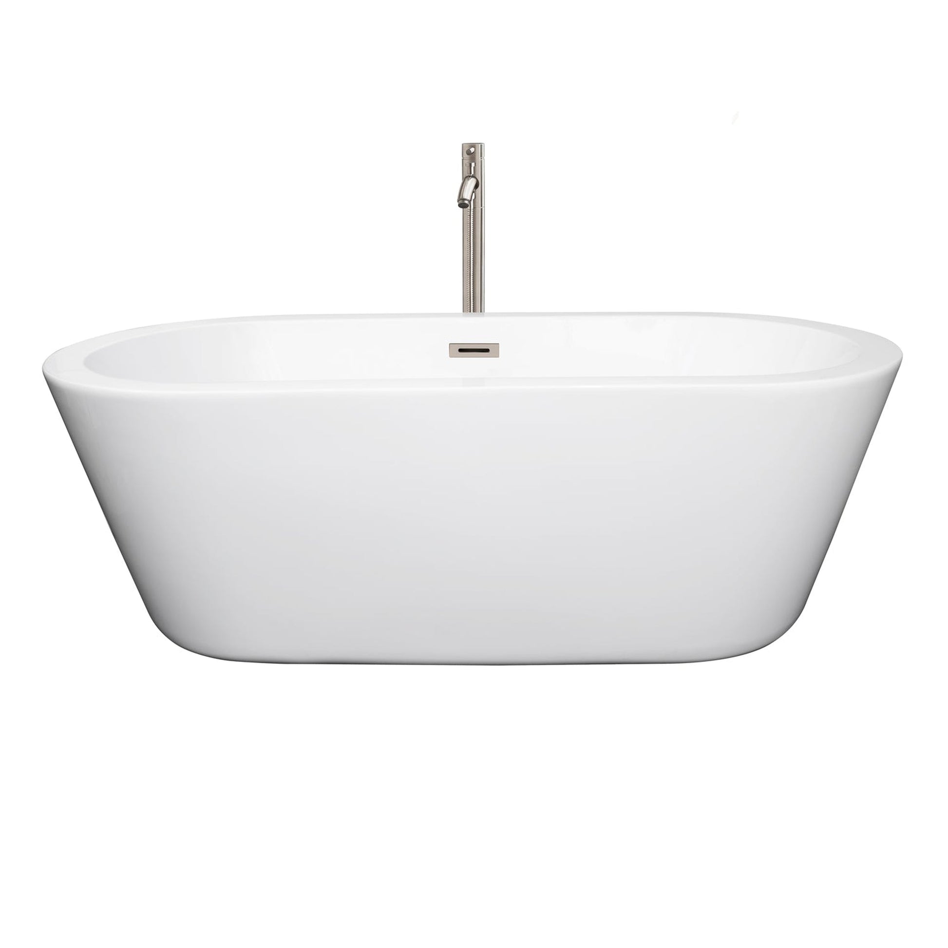 Wyndham Collection Mermaid 67" Freestanding Bathtub in White With Floor Mounted Faucet, Drain and Overflow Trim in Brushed Nickel