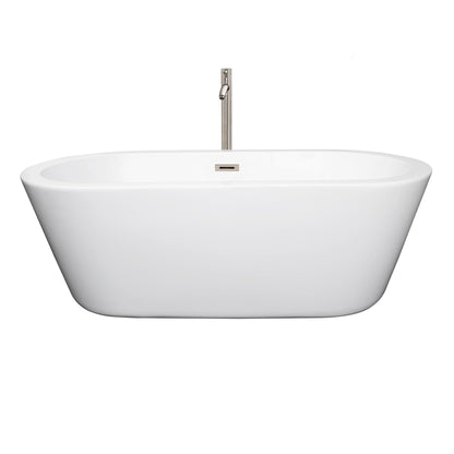 Wyndham Collection Mermaid 67" Freestanding Bathtub in White With Floor Mounted Faucet, Drain and Overflow Trim in Brushed Nickel