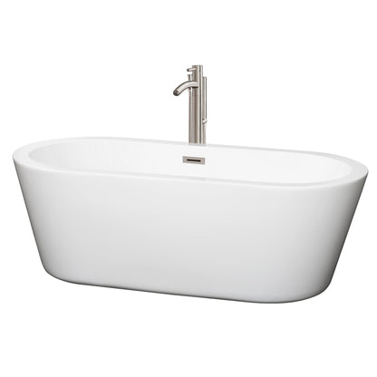 Wyndham Collection Mermaid 67" Freestanding Bathtub in White With Floor Mounted Faucet, Drain and Overflow Trim in Brushed Nickel