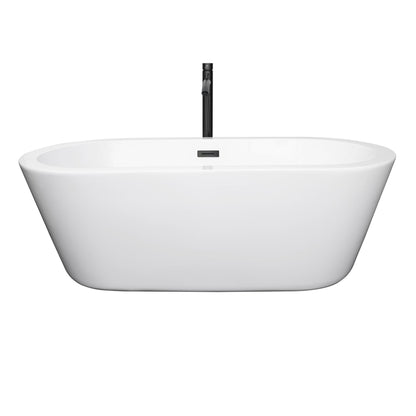 Wyndham Collection Mermaid 67" Freestanding Bathtub in White With Floor Mounted Faucet, Drain and Overflow Trim in Matte Black