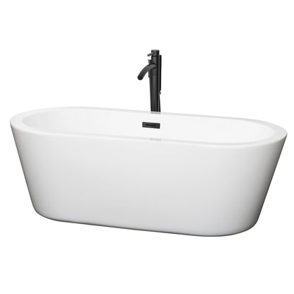 Wyndham Collection Mermaid 67" Freestanding Bathtub in White With Floor Mounted Faucet, Drain and Overflow Trim in Matte Black