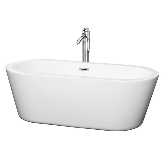 Wyndham Collection Mermaid 67" Freestanding Bathtub in White With Floor Mounted Faucet, Drain and Overflow Trim in Polished Chrome