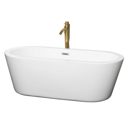 Wyndham Collection Mermaid 67" Freestanding Bathtub in White With Polished Chrome Trim and Floor Mounted Faucet in Brushed Gold