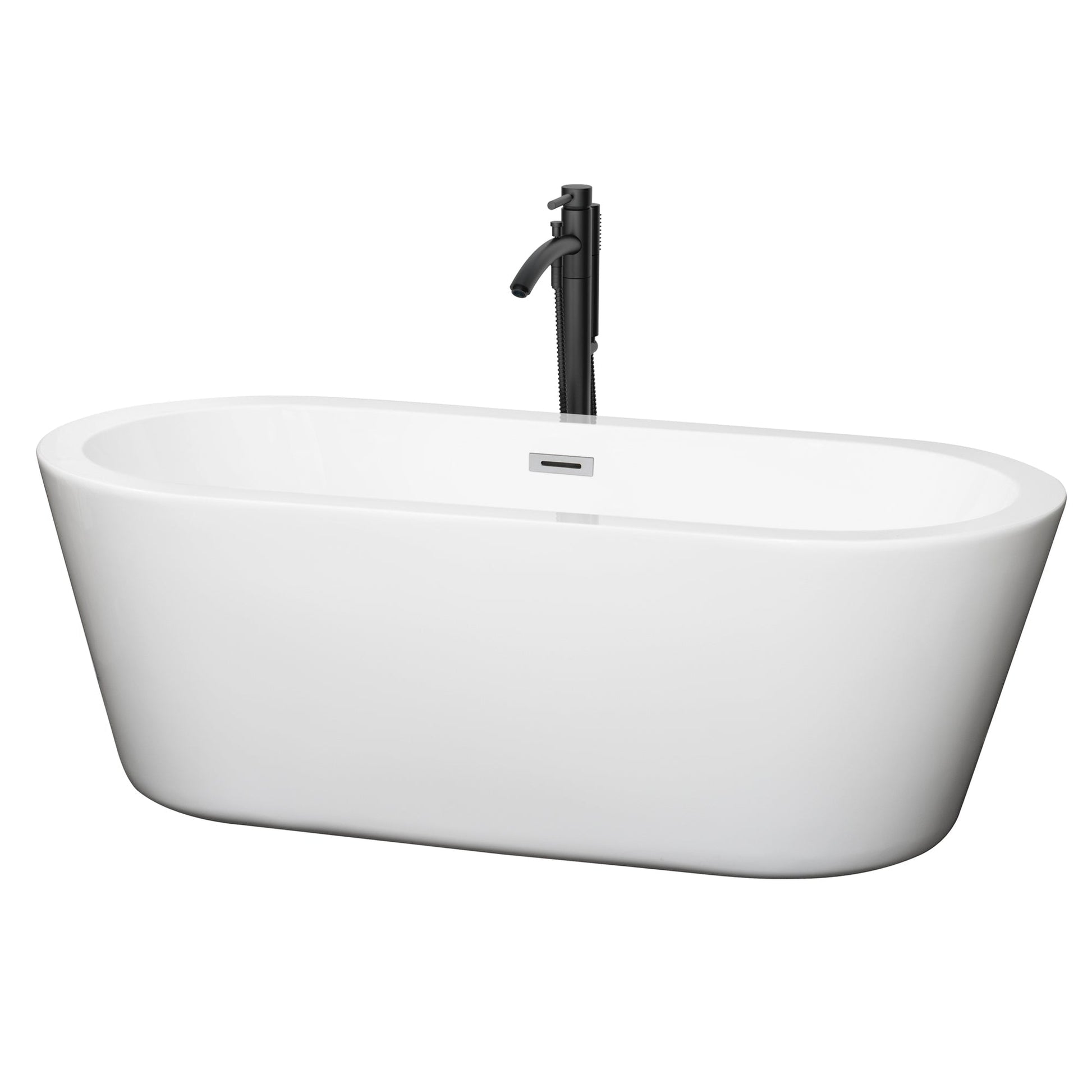Wyndham Collection Mermaid 67" Freestanding Bathtub in White With Polished Chrome Trim and Floor Mounted Faucet in Matte Black