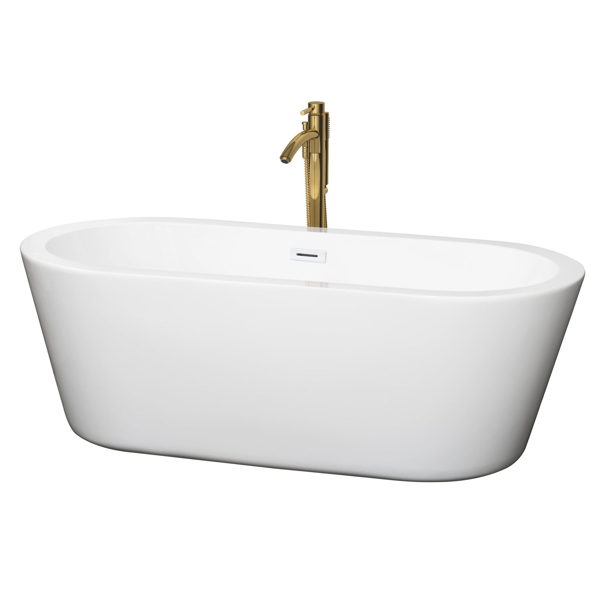 Wyndham Collection Mermaid 67" Freestanding Bathtub in White With Shiny White Trim and Floor Mounted Faucet in Brushed Gold