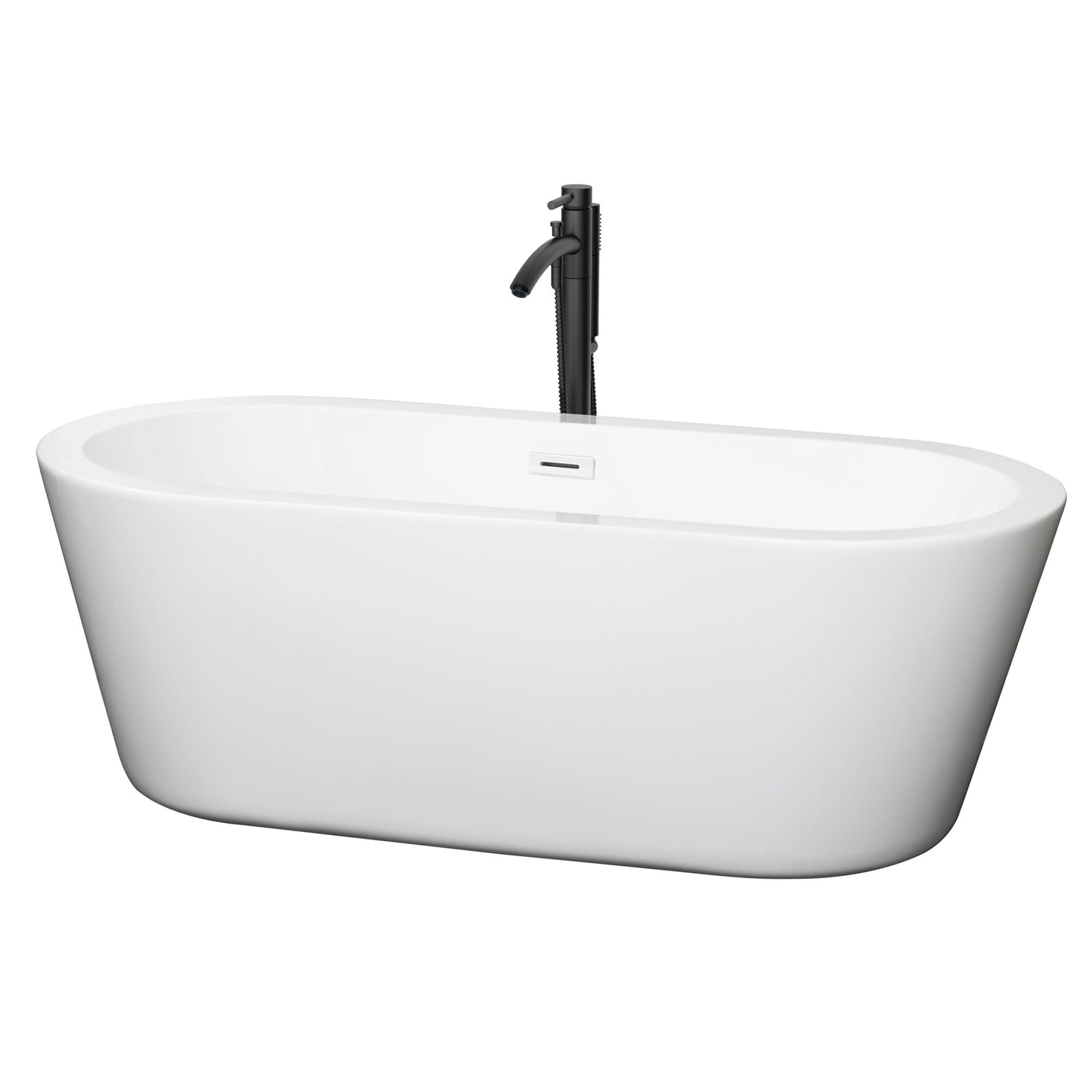 Wyndham Collection Mermaid 67" Freestanding Bathtub in White With Shiny White Trim and Floor Mounted Faucet in Matte Black