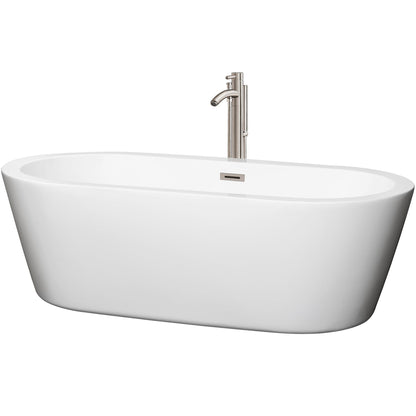 Wyndham Collection Mermaid 71" Freestanding Bathtub in White With Floor Mounted Faucet, Drain and Overflow Trim in Brushed Nickel