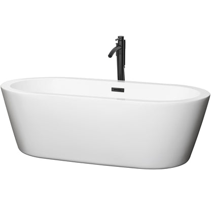 Wyndham Collection Mermaid 71" Freestanding Bathtub in White With Floor Mounted Faucet, Drain and Overflow Trim in Matte Black