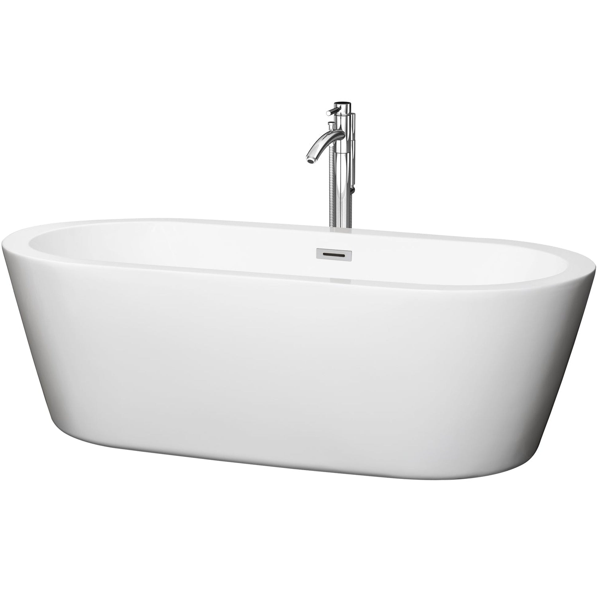 Wyndham Collection Mermaid 71" Freestanding Bathtub in White With Floor Mounted Faucet, Drain and Overflow Trim in Polished Chrome