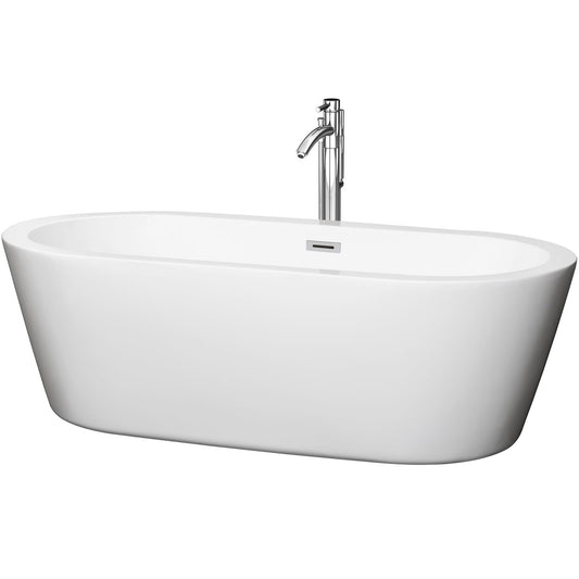 Wyndham Collection Mermaid 71" Freestanding Bathtub in White With Floor Mounted Faucet, Drain and Overflow Trim in Polished Chrome