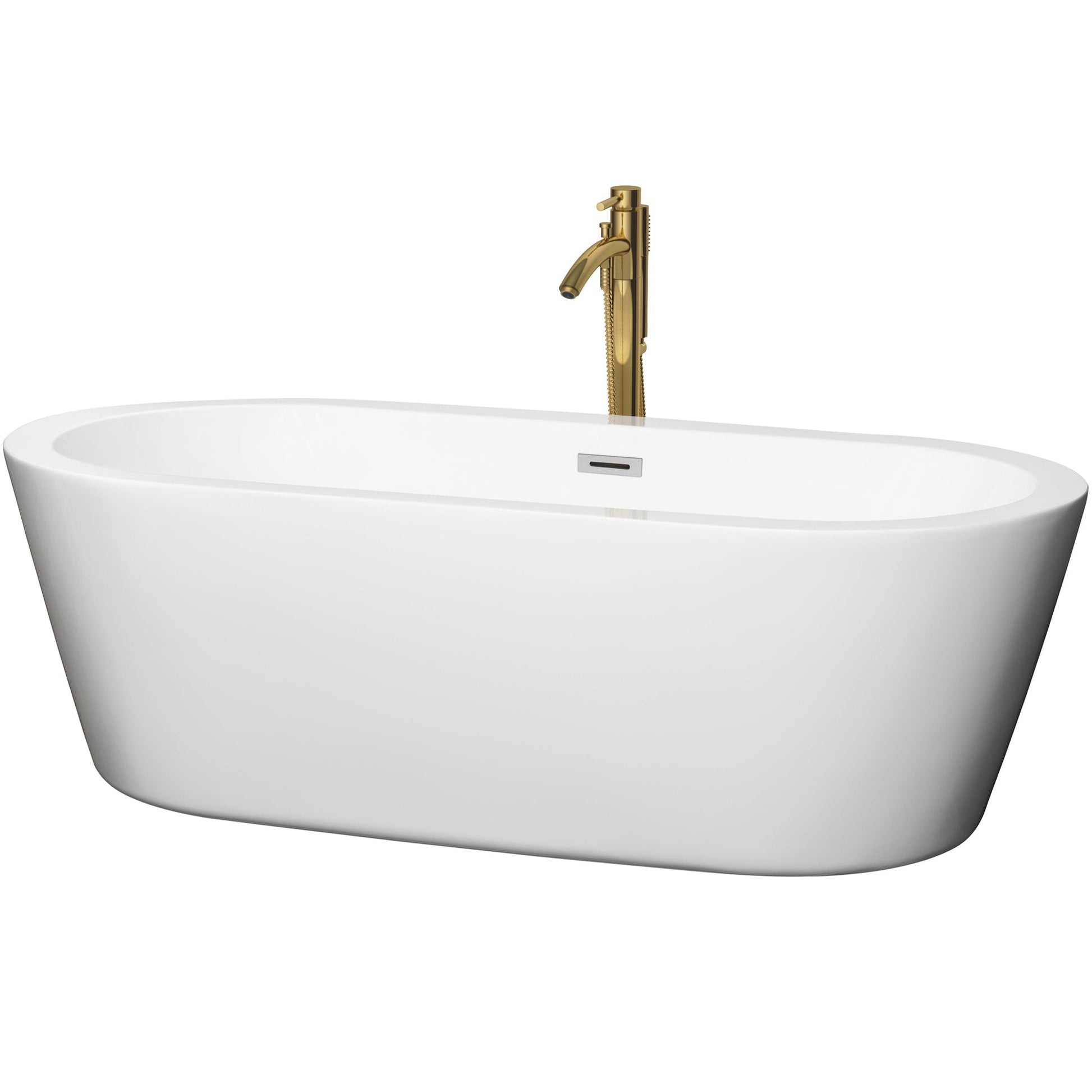 Wyndham Collection Mermaid 71" Freestanding Bathtub in White With Polished Chrome Trim and Floor Mounted Faucet in Brushed Gold