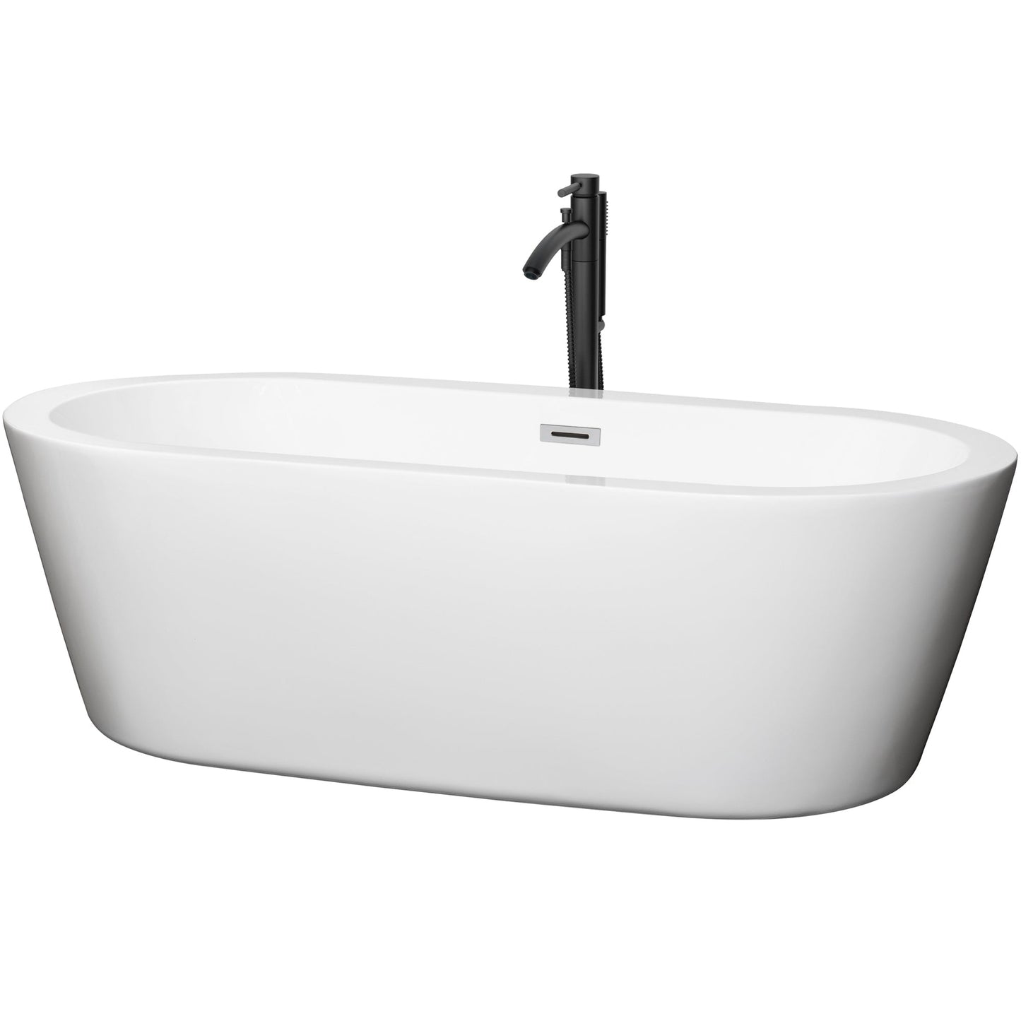 Wyndham Collection Mermaid 71" Freestanding Bathtub in White With Polished Chrome Trim and Floor Mounted Faucet in Matte Black