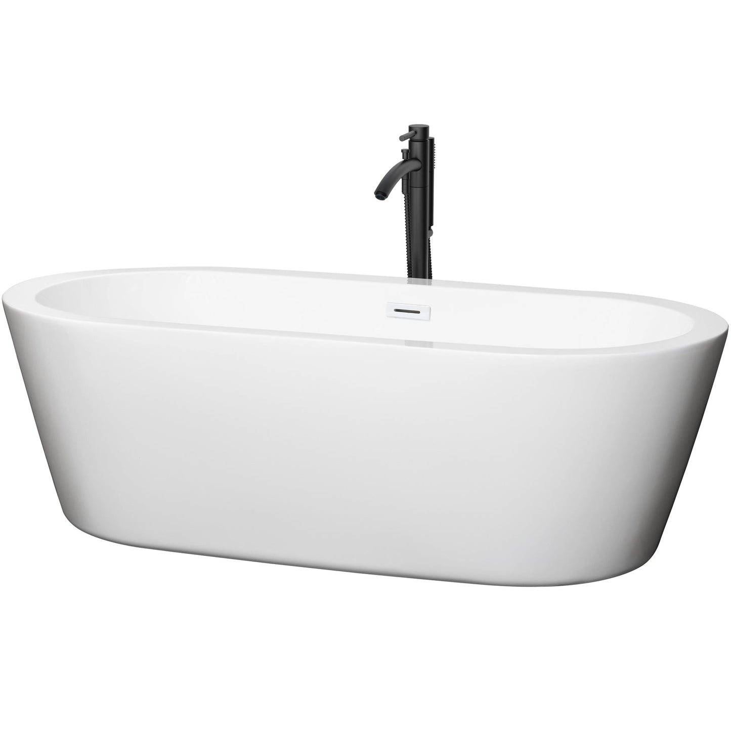 Wyndham Collection Mermaid 71" Freestanding Bathtub in White With Shiny White Trim and Floor Mounted Faucet in Matte Black