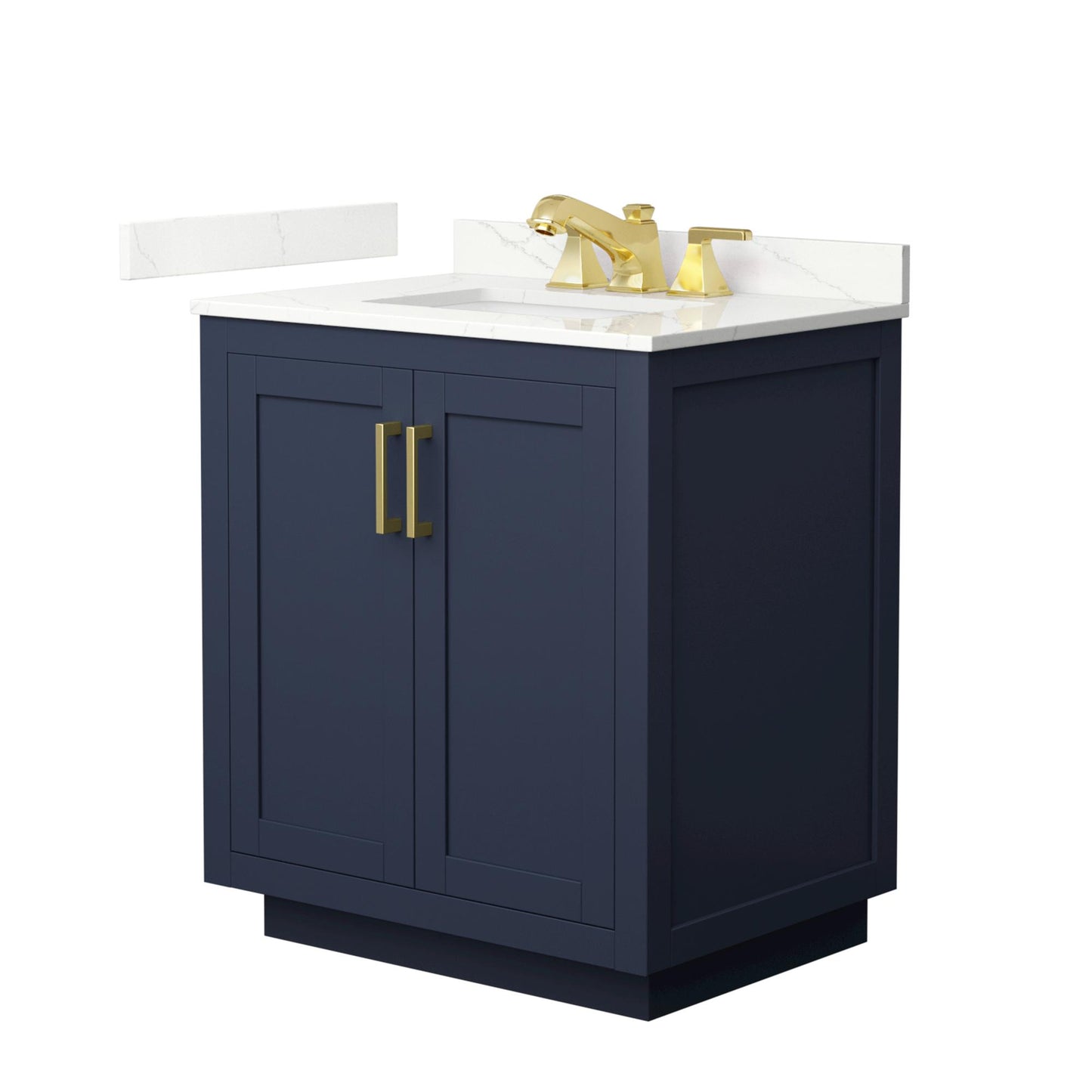 Wyndham Collection Miranda 30" Single Bathroom Vanity in Dark Blue, Giotto Quartz Countertop, Undermount Square Sink (3-Hole), Brushed Gold Trim