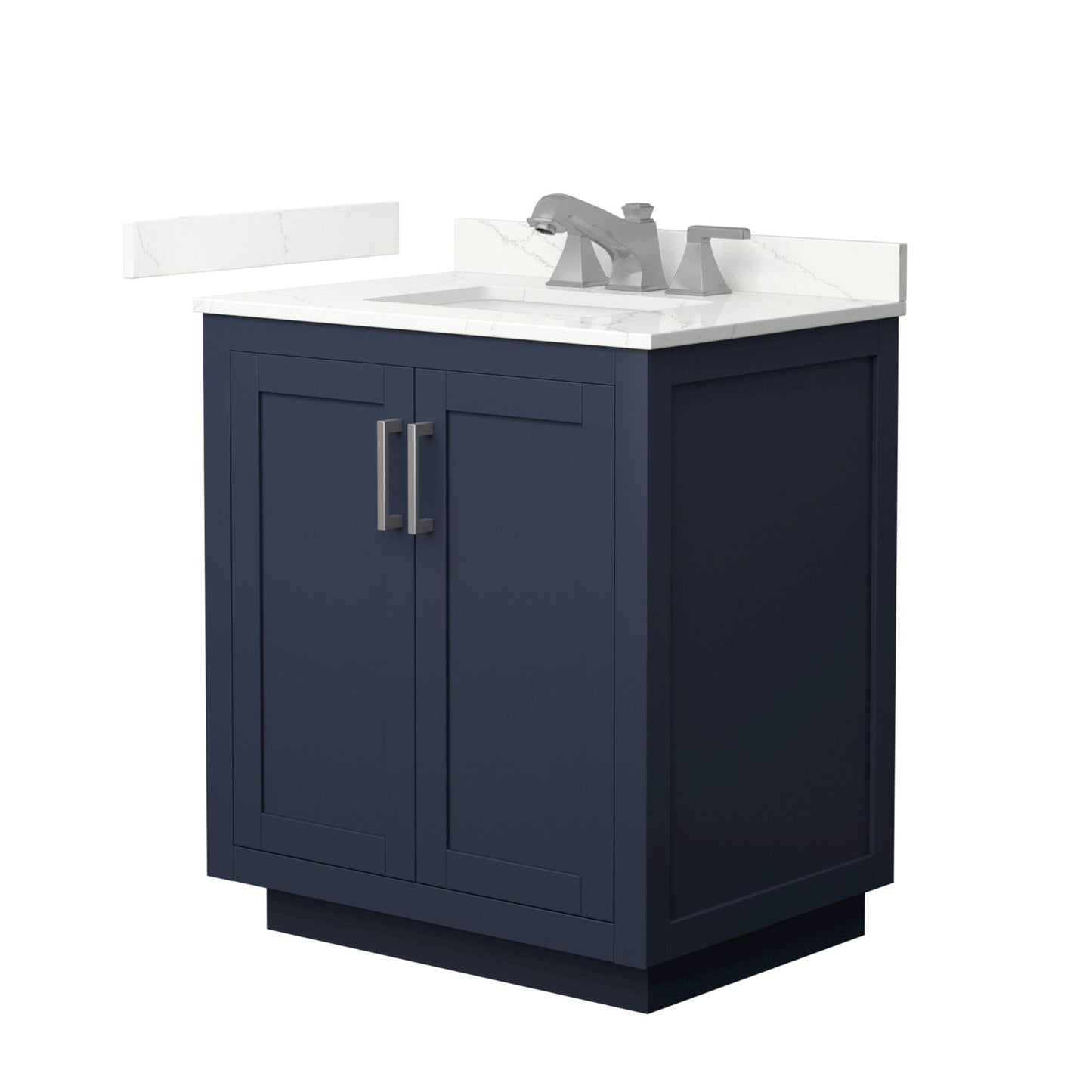 Wyndham Collection Miranda 30" Single Bathroom Vanity in Dark Blue, Giotto Quartz Countertop, Undermount Square Sink (3-Hole), Brushed Nickel Trim