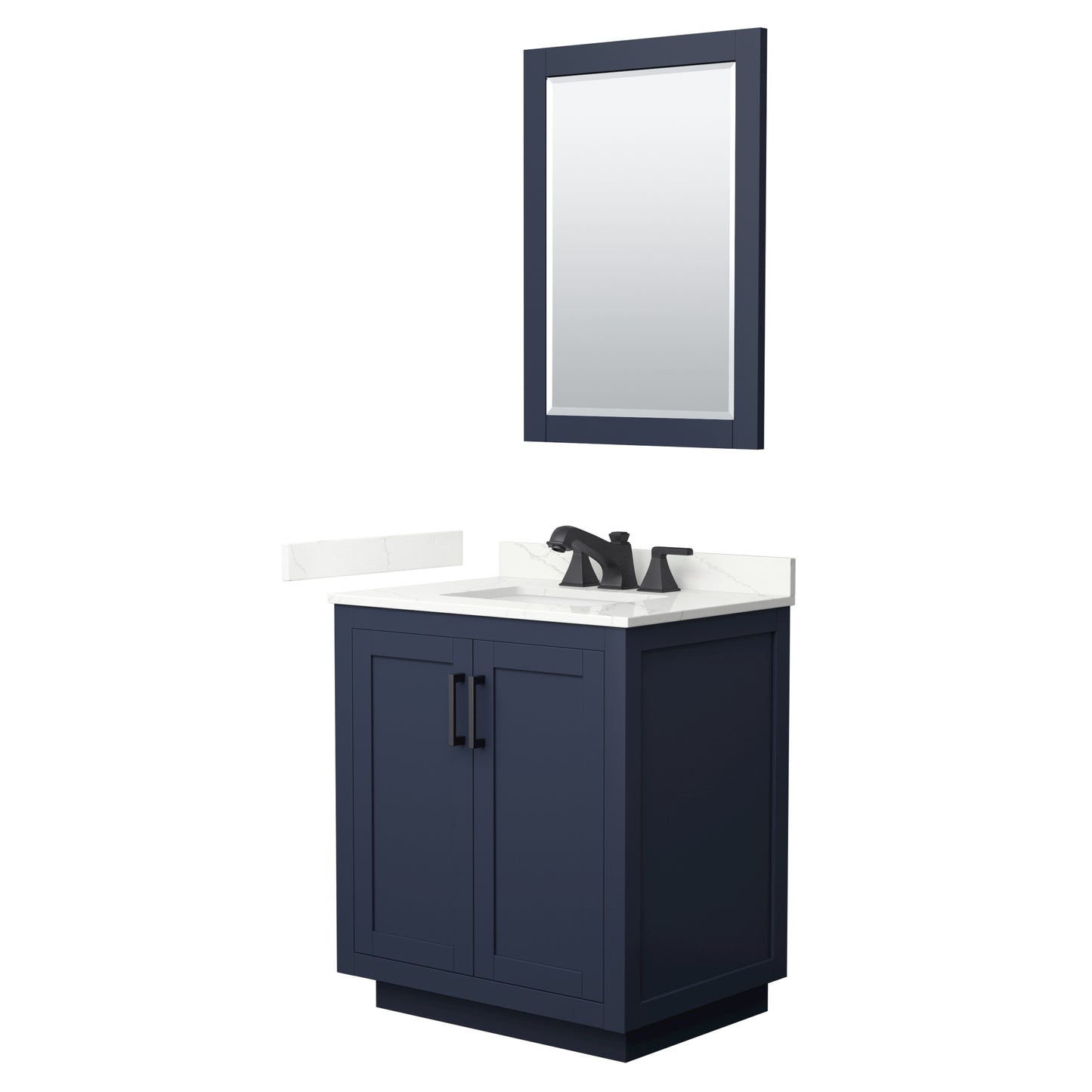 Wyndham Collection Miranda 30" Single Bathroom Vanity in Dark Blue, Giotto Quartz Countertop, Undermount Square Sink (3-Hole), Matte Black Trim, 24" Mirror