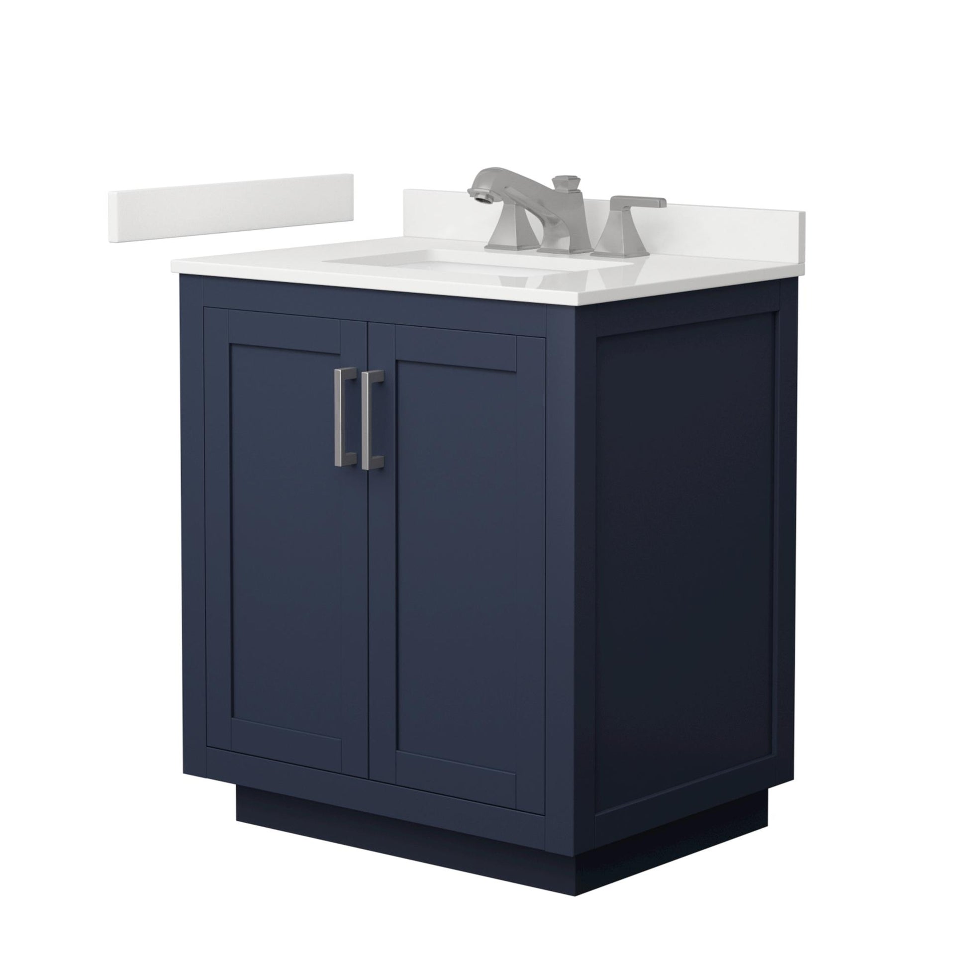 Wyndham Collection Miranda 30" Single Bathroom Vanity in Dark Blue, White Quartz Countertop, Undermount Square Sink (3-Hole), Brushed Nickel Trim