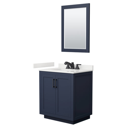 Wyndham Collection Miranda 30" Single Bathroom Vanity in Dark Blue, White Quartz Countertop, Undermount Square Sink (3-Hole), Matte Black Trim, 24" Mirror