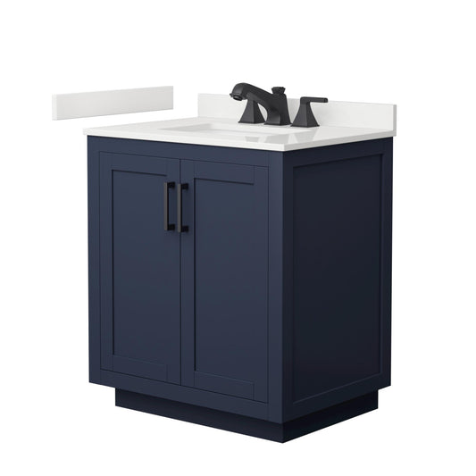 Wyndham Collection Miranda 30" Single Bathroom Vanity in Dark Blue, White Quartz Countertop, Undermount Square Sink (3-Hole), Matte Black Trim
