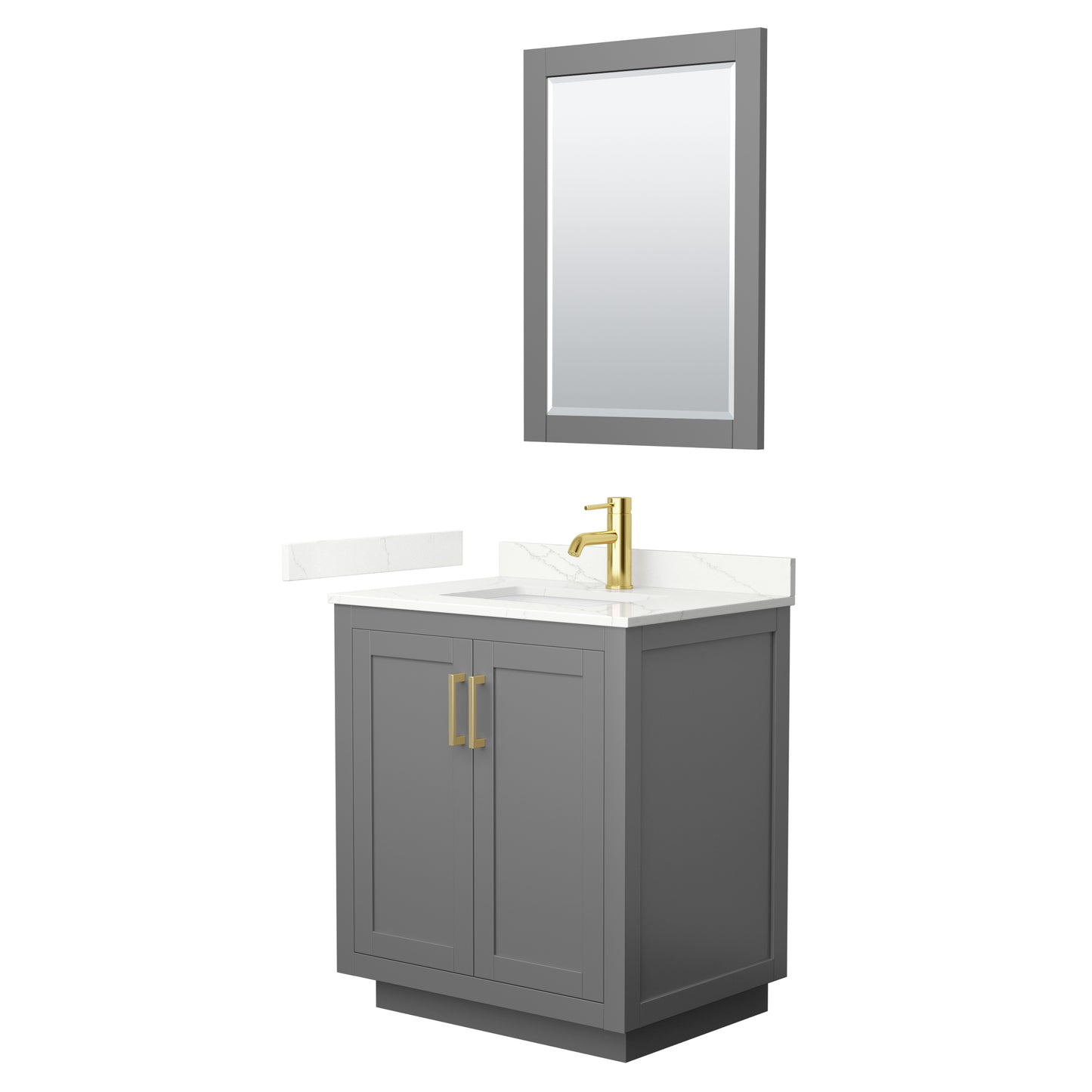 Wyndham Collection Miranda 30" Single Bathroom Vanity in Dark Gray, Giotto Quartz Countertop, Undermount Square Sink (1-Hole), Brushed Gold Trim, 24" Mirror