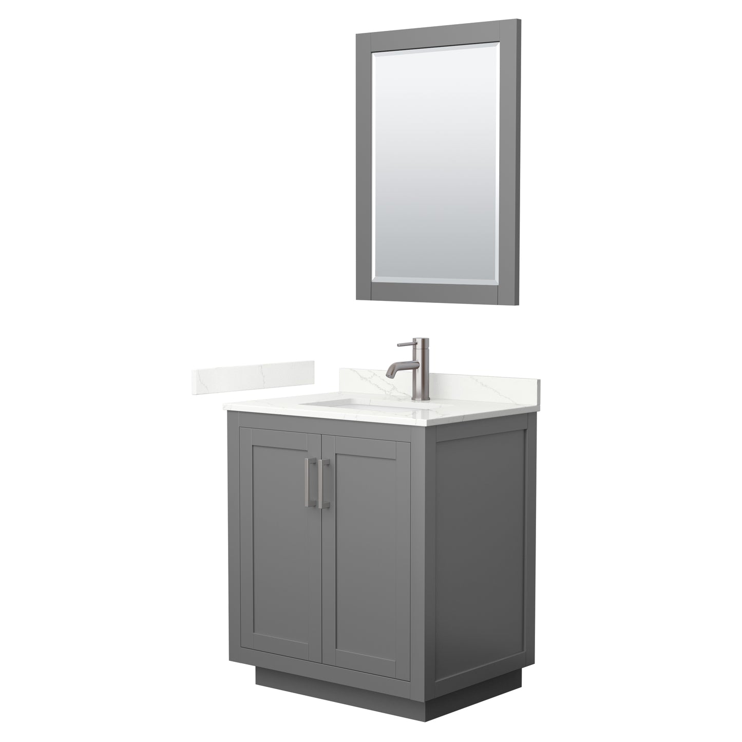 Wyndham Collection Miranda 30" Single Bathroom Vanity in Dark Gray, Giotto Quartz Countertop, Undermount Square Sink (1-Hole), Brushed Nickel Trim, 24" Mirror