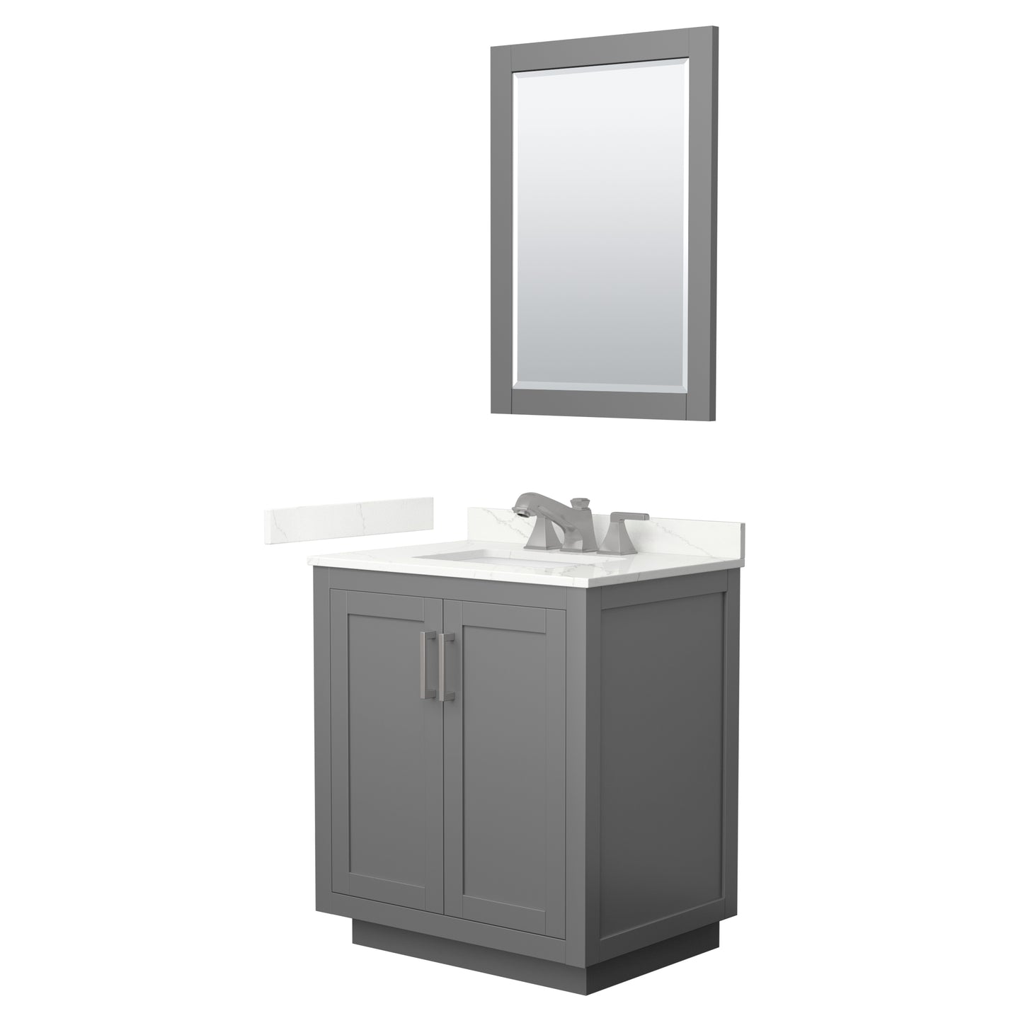 Wyndham Collection Miranda 30" Single Bathroom Vanity in Dark Gray, Giotto Quartz Countertop, Undermount Square Sink (3-Hole), Brushed Nickel Trim, 24" Mirror